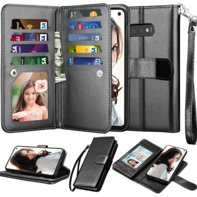Leather Wallet Flip Card Case For Samsung Galaxy S10, S10+ & S10e, Temper Glass
