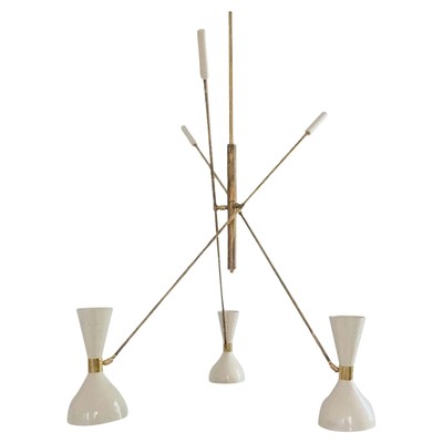 Orbitale Brass Chandelier 3 Rotating Balanced Arms, Stilnovo Style, Twin Shades