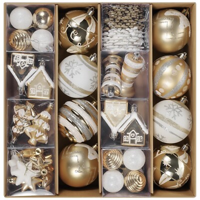 Christmas Ball Ornaments Set, 60 ct White Gold Assorted Xmas Elements Theme O...