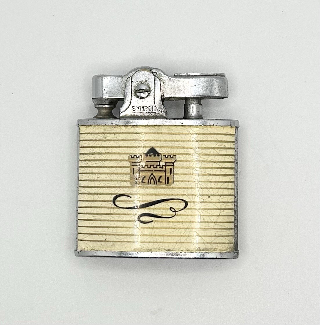 Early OMEGA Cigarette Lighter Silver Tone Gold Castle Graphic 1.2 Oz Vintage