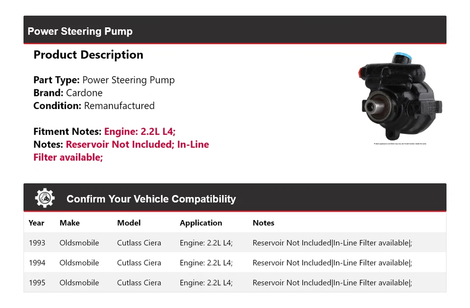 For 1993-1995 Oldsmobile Cutlass Ciera 2.2L L4 Power Steering Pump Cardone 1994 - Image 2 of 4