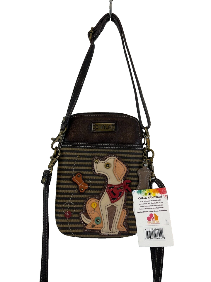CHALA HANDBAGS Labrador Dog Crossbody Bag NWT Olive Stripe Cell Phone