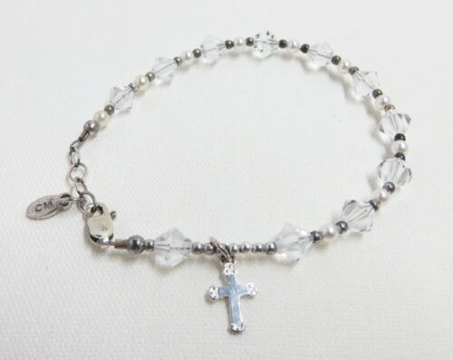 Girl's Rosary bracelet w/ crystals, pearls, and sterling silver cross, handmade
