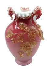 Antique Harrach Cranberry Cased Jack in the Pulpit Glass Vase + Applied Flowers