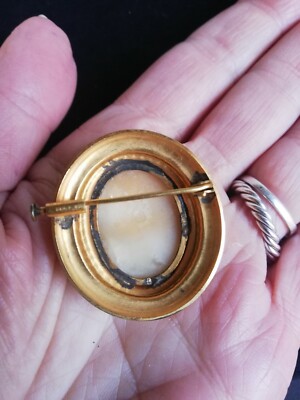 Broche Ancienne Portrait Miniature Camée Coquillage Plaqué Or - Vintage