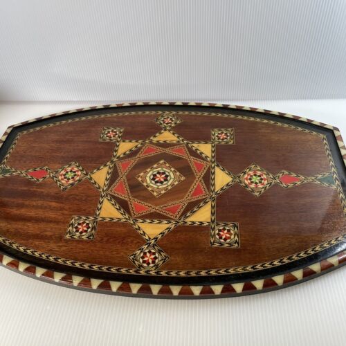 Tray Inlaid Lacquered Wood Serving Tray Or Wall Hanging Geometric Marquetry - Afbeelding 1 van 5