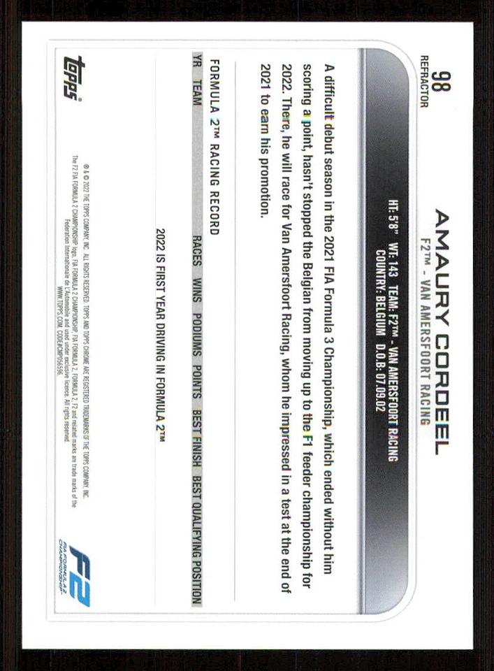 2022 Topps Chrome Formula 1 Refractors #98 Amaury Cordeel - Image 2 of 2