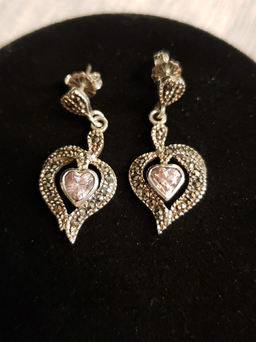 Sterling Silver MARCASITE HEART Dangle Earrings, 1/8