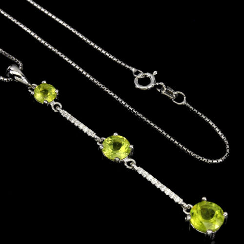 Unheated Round Green Peridot Simulated Cz 925 Sterling Silver Necklace 16inches - Picture 1 of 10