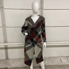 JOSEPH A. Drape Collar Coatigan Women's Size XL Wine Combo Autumn Plaid