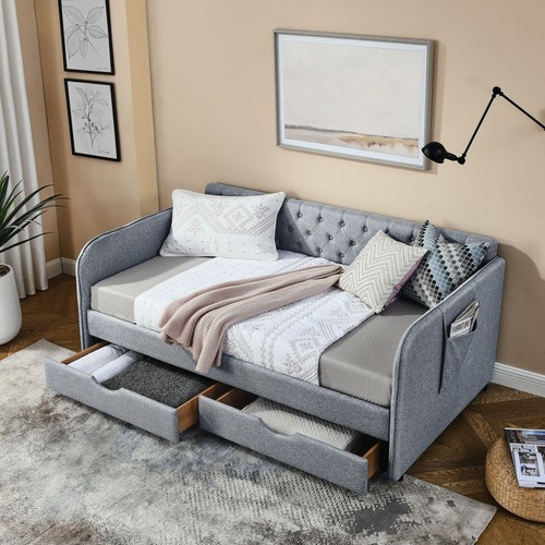 Twin Size Daybed with Extendable Trundle & 2 Storage Drawers ,Flat Arms ,Pocket - Picture 3 of 25