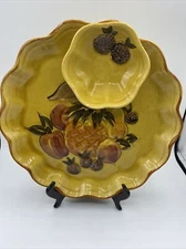 Chip & Dip Bowl Los Angeles Potteries Yellow Painted Fruit Mid Century 1967