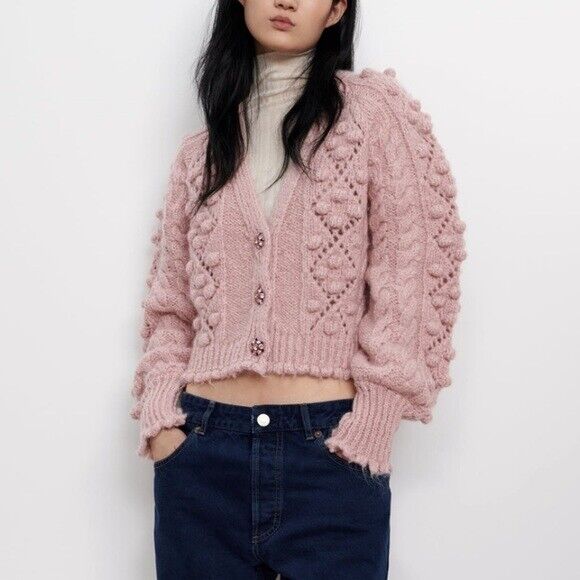 ZARA PINK TEXTURED WEAVE KNIT CARDIGAN JEWE LGEM CRYSTAL ZARA PINK TEXTURED WEAVE KNIT CARDIGAN JEWE LGEM CRYSTAL