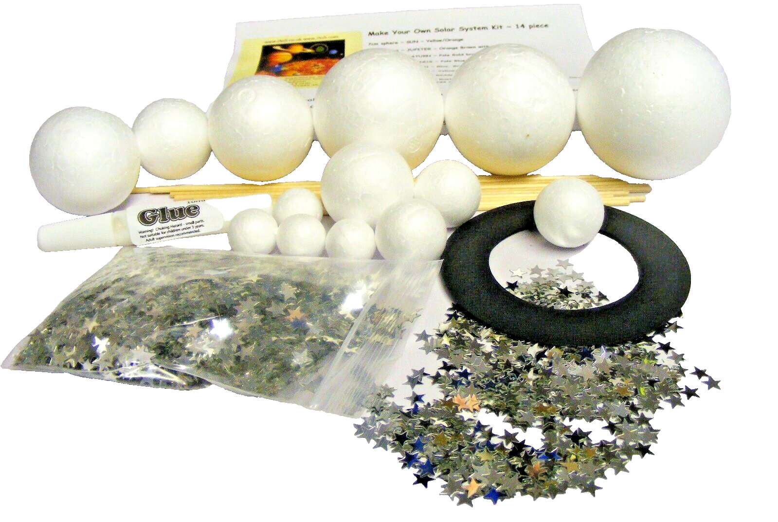 Childrens MYO SOLAR SYSTEM Kit 14 Solid Polystyrene Planets Rods Ring Stars Glue