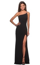 La Femme Size 8 Black One-Shoulder Side Slit Jersey Gown Dress Prom Cocktail