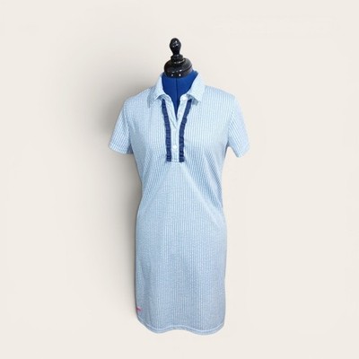 Simply Southern Light Blue Striped Polo Dress with Pink Logo Tag