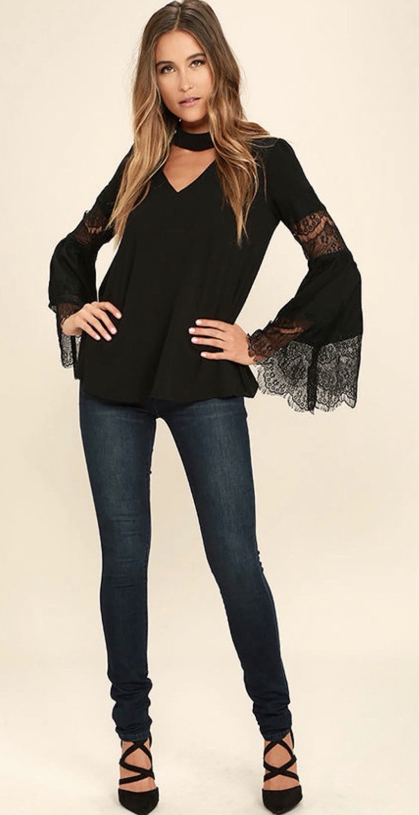 Lulus Black Lace Blouse Women’s Medium Bell Sleeve V-Neck Long Sleeve Boho Top