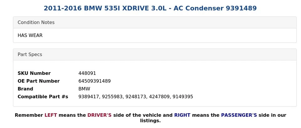 2011-2016 BMW 535I XDRIVE 3.0L - AC Condenser 9391489 - Image 4 of 4