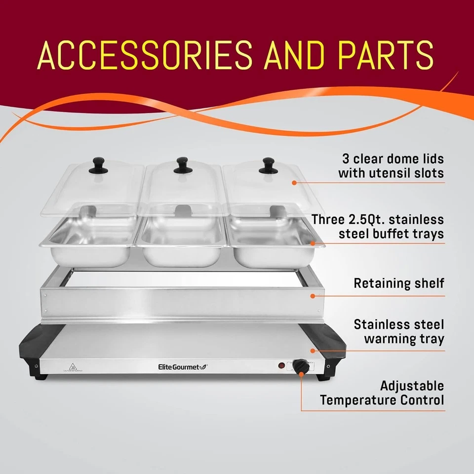 Bandejas de 2,5 Qt Servidor Buffet Calentador de Alimentos Control de Temperatura Tapa Ranurada Transparente 3 x 2,5 Qt Foto 2 de 4