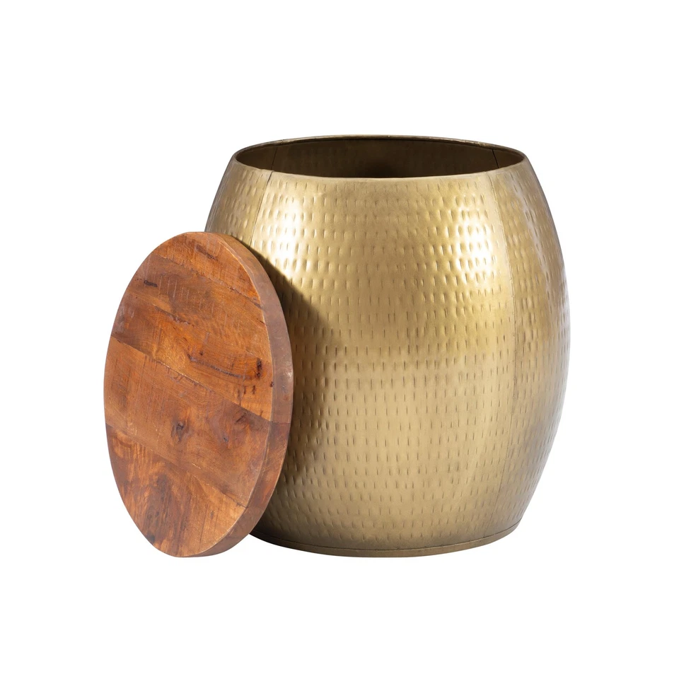 Mesa auxiliar Linon Reid de tambor de metal y madera con almacenamiento en dorado Foto 2 de 4