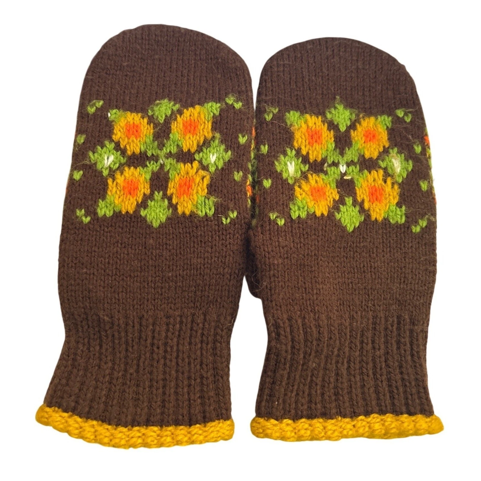 Vintage Knit Wool Mittens Brown Floral Fair Isle Folk Winter Gloves Cozy Outdoor
