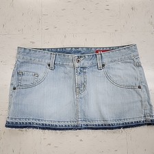 Vintage Express X2 Denim Laboratory Ultra Mini Skirt Size 12 Y2K Grunge Raw Hem