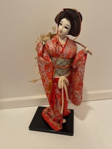 Japanese Geisha Doll On Base Stand Vintage Ornate Kimono 14" Tall