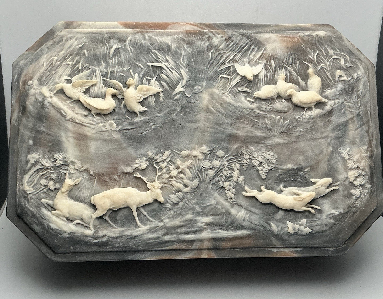 Vintage Incolay Stone Jewelry Box with Hunting Scenes - Large Open Box