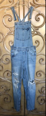 H M Women's Blue Jeans Distressed Ripped Bib Overalls Wash EUC Size 