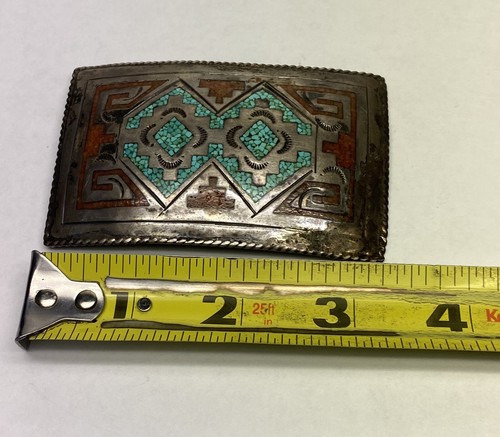 Hebilla de cinturón nativo americano vintage firmada SD necesita reparación incrustación de astillas turquesa - Imagen 4 de 12