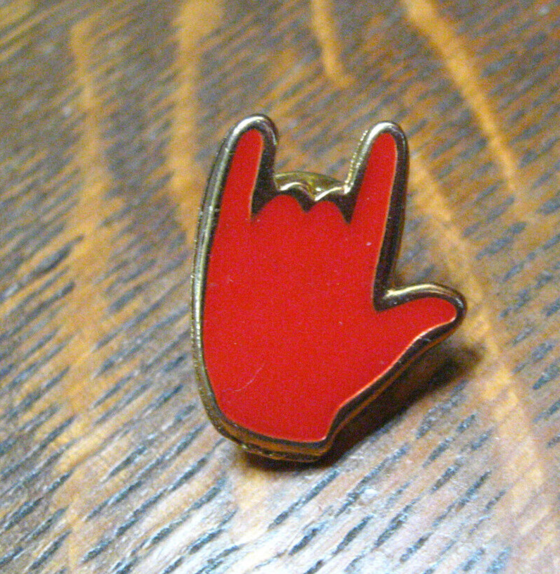 I Love You Rock On Lapel Pin - Gold & Red Sign Language Band 