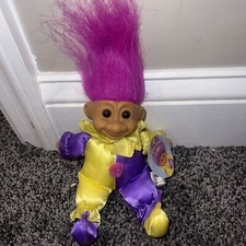 Vintage 1990s Russ Clown Troll 6" Soft Plush Doll in Jester Outfit Sitting Down