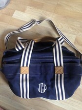 POTTERY BARN KIDS Classic Navy Blue Stripe Leather Diaper Bag Tote Monogram