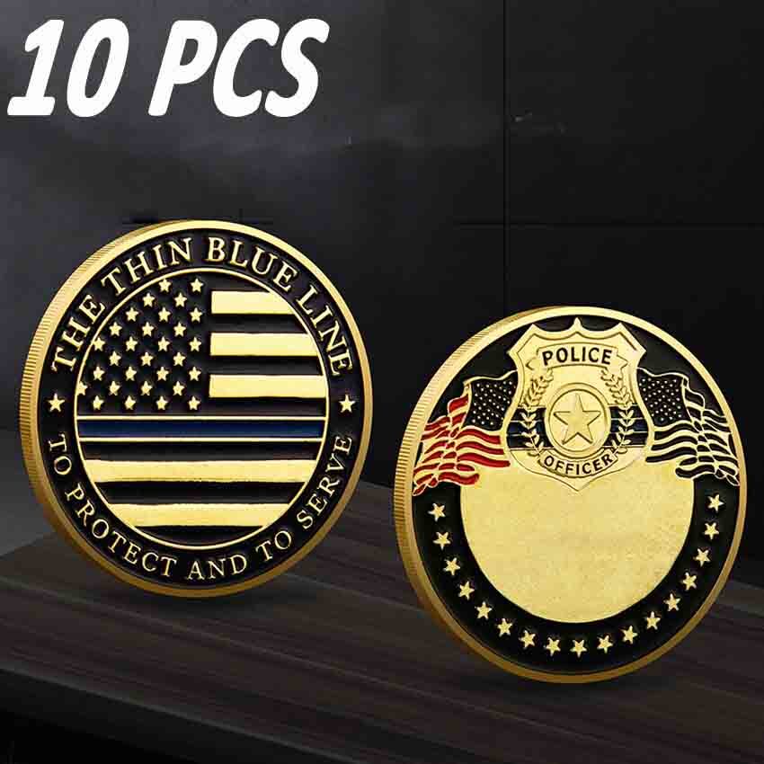 10PCS Blue Line Law Enforcement Thin Challenge Coin Police Officers Flag