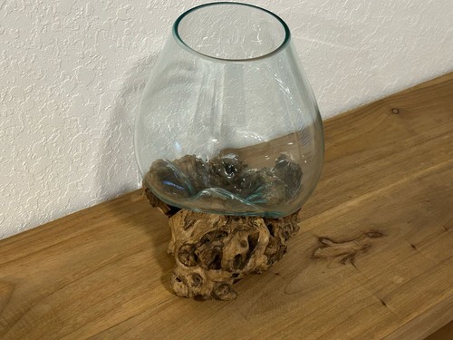 HANDMADE  GLASS BOWL ON WOOD BASE - Picture 2 of 4