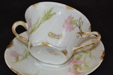 Haviland Limoges Pink Carnation Bullion Cream Soup Cup and Saucer Gold Daubs