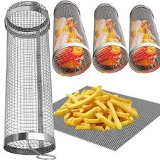 Stainless Steel Round Rolling Grilling Basket for Grilling Meat Vegetables Fish