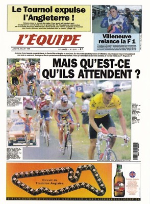 CYCLING card LA UNE DE L'EQUIPE TOUR DE FRANCE 1997 LEBLANC VIRENQUE RIIS