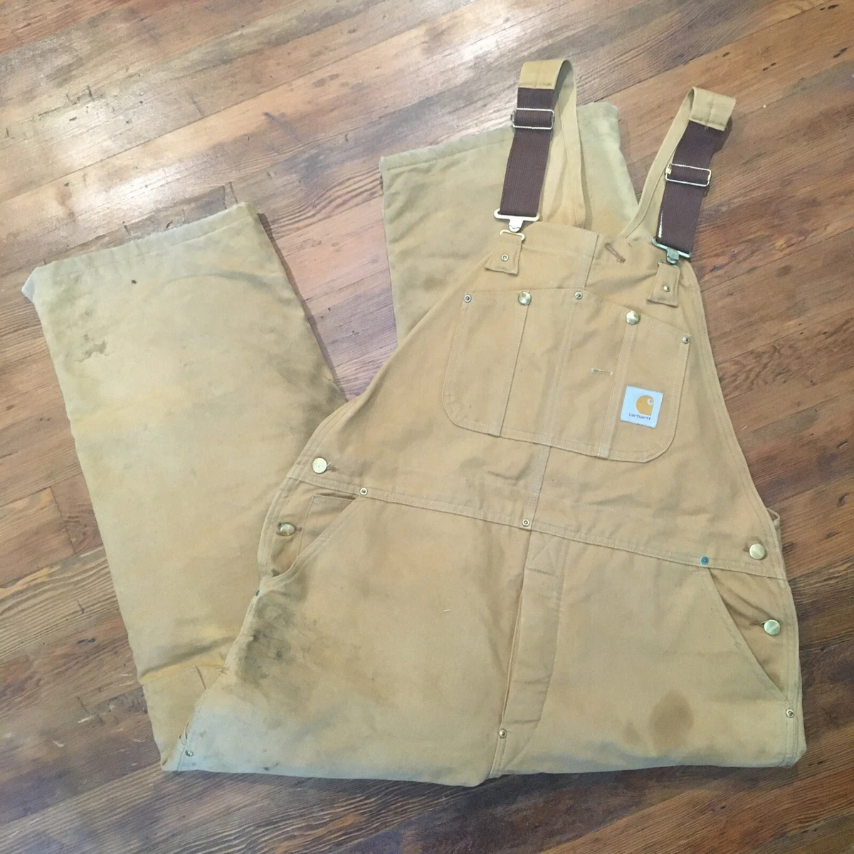 Vtg Carhartt Bibs Overalls Quilted Insulated Double Knee 38 x 26*  Distressed