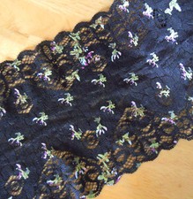 3.5 Yards 6" Wide Lovely Black Stretch Lace with Green Flower 982