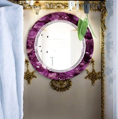 Handcrafted Amethyst Gemstone Mosaic Round Wall Mirror 18  Decor Handmade India