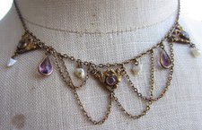 Antique Victorian Art Nouveau Gold Filled Amethyst Pearl Festoon Swag Necklace
