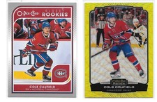 Cole Caufield 2021/22 opeechee gloss rookie and 2022/23 opeechee patinum neon