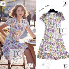 CHANEL 98S Vintage CC Logo Floral Pattern Ivory Silk 100% Dress 36 38 US4 6