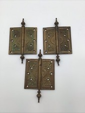 Lot Of 3 Antique Eastlake Style Steeple Tipped Ornate Brass Door Hinges 