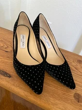 Jimmy Choo Romy Black Glitter Dot Velvet Pumps - size 8.5