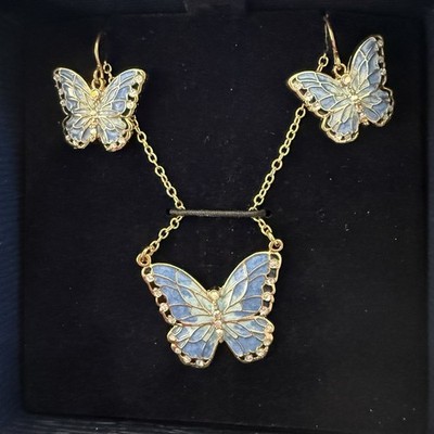 STAUER Butterfly Necklace And Earrings Set Blue On Rose Gold Finish In Box