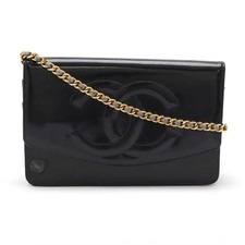 Chanel Cocomark Chain Wallet Shoulder Bag Pochette Enamel Patent Leather Black