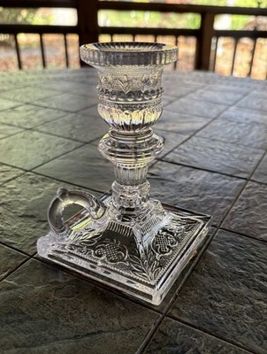 Vintage Viking Glass Loop Handle Candleholder Candlestick Square Base 