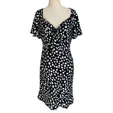 LOFT Petite Womens SP Black White Polka Dot Tie Front Flutter Sleeve Dress